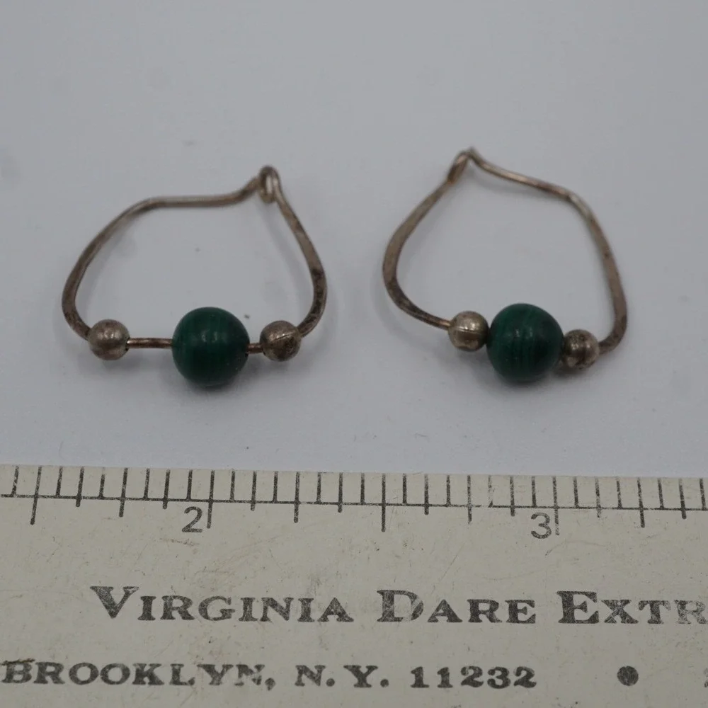 Sterling Silver Malachite Bead Teardrop Hoop Earrings Green Gemstone 1.82g